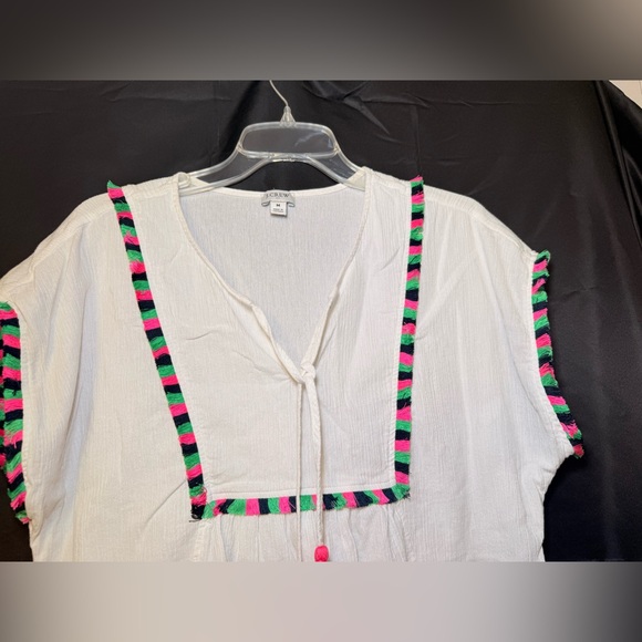 J. Crew MEDIUM Tunic Cover Up White Crepe Colorful Front V Neck Tassels Beach - Picture 2 of 9